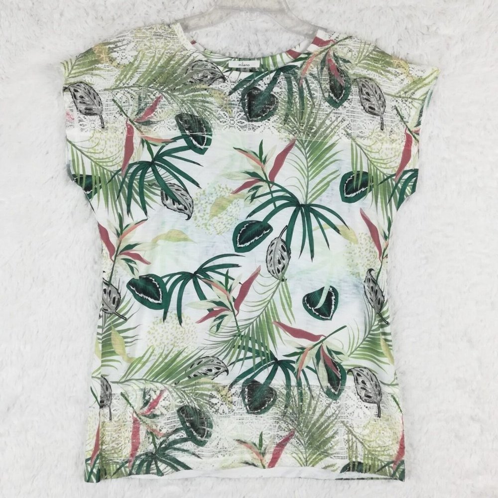 Milano Womens Shirt‎ Short Sleeve Tee Floral Leaves White Lace Overlay M New